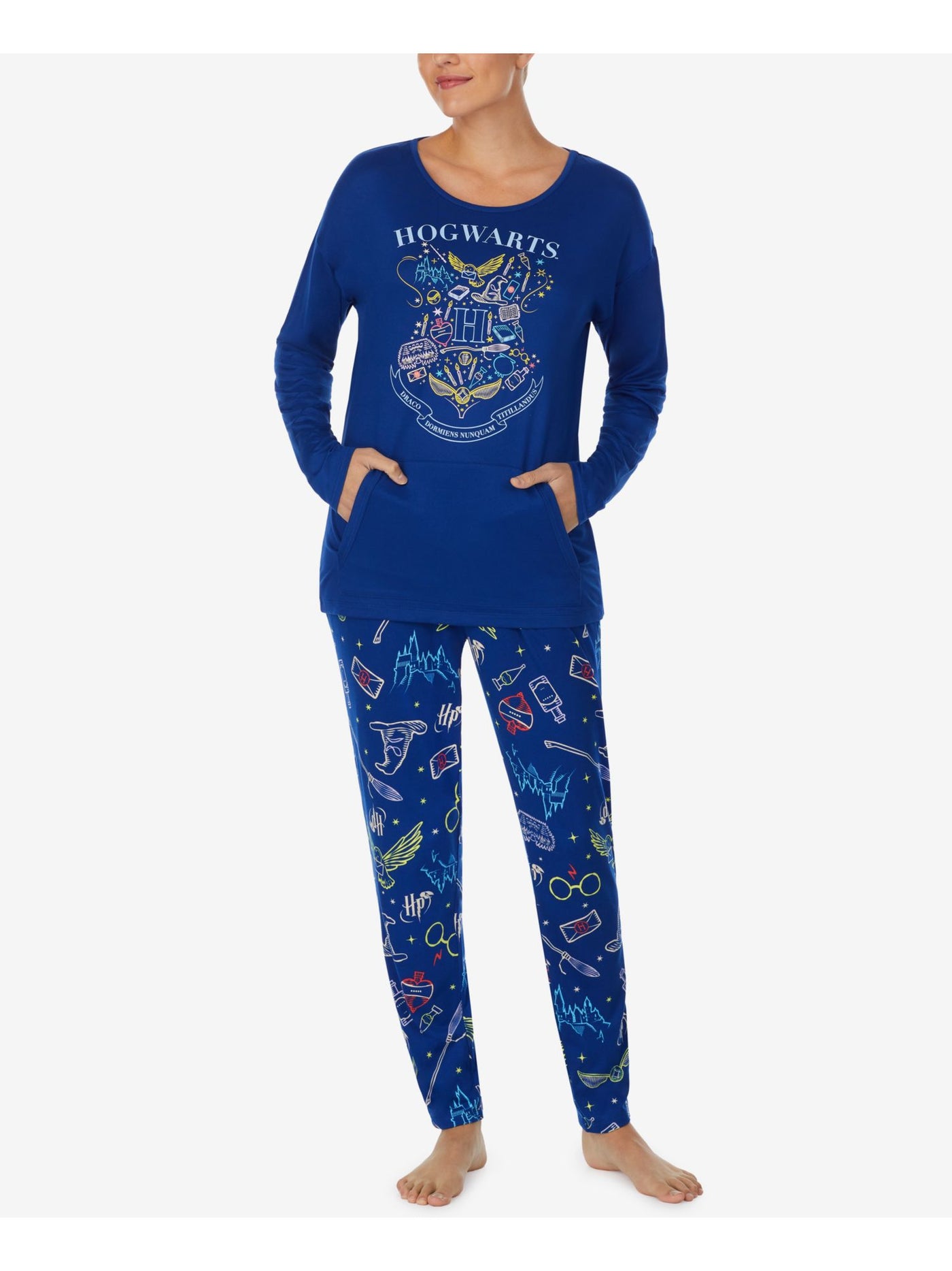 HYBRID APPAREL Womens Blue Graphic Top Elastic Band Skinny Pants Pajamas M