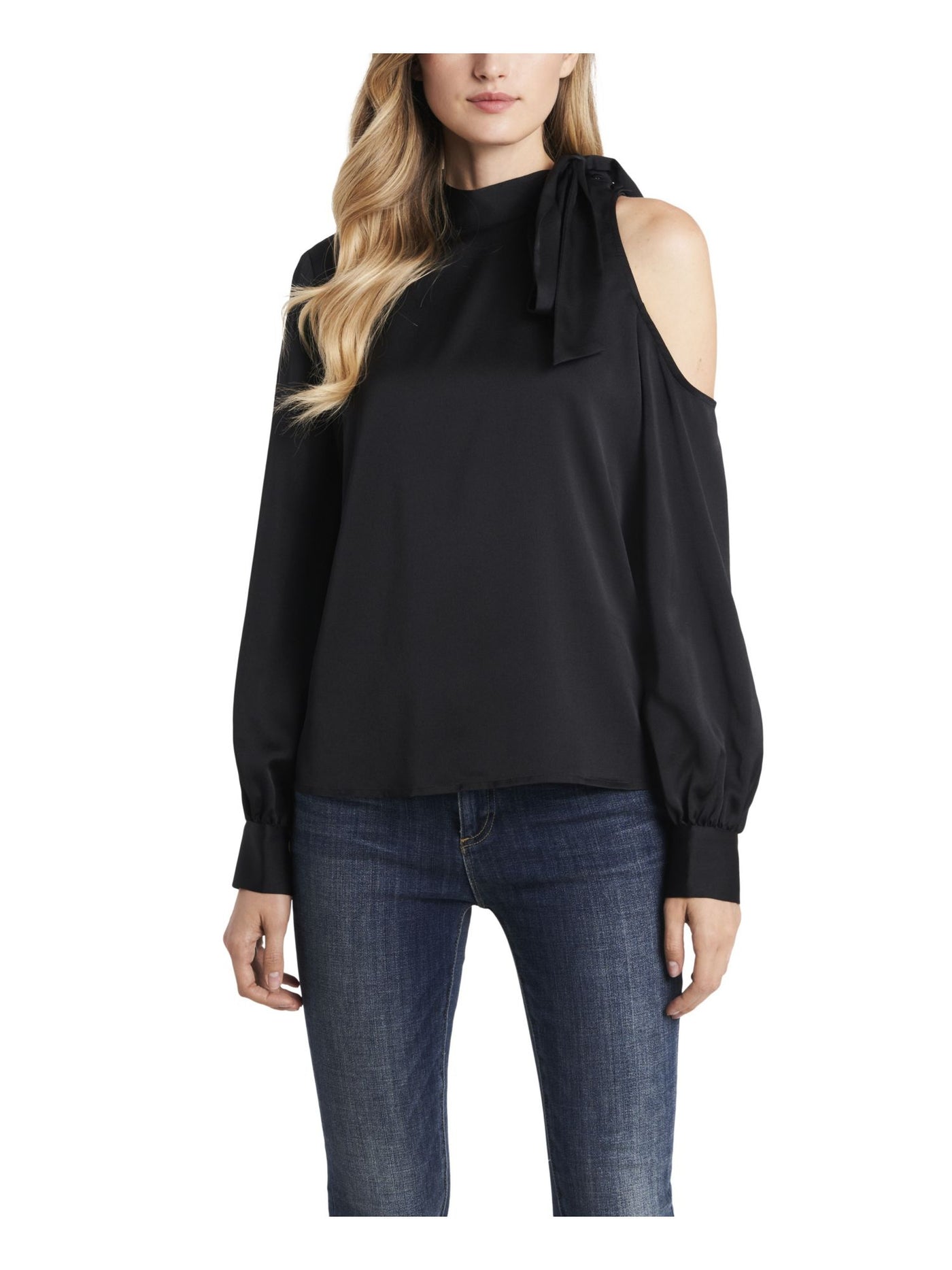 VINCE CAMUTO Womens Black Cold Shoulder Long Sleeve Tie Neck Blouse XS