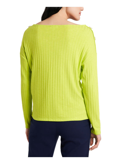 RILEY&RAE Womens Green Neon Lime Button-detail Long Sleeve Scoop Neck Top XS