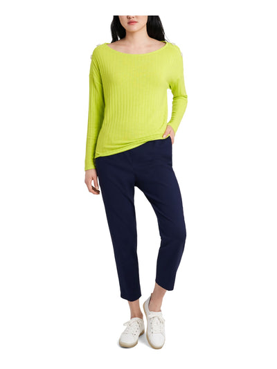 RILEY&RAE Womens Green Neon Lime Button-detail Long Sleeve Scoop Neck Top S
