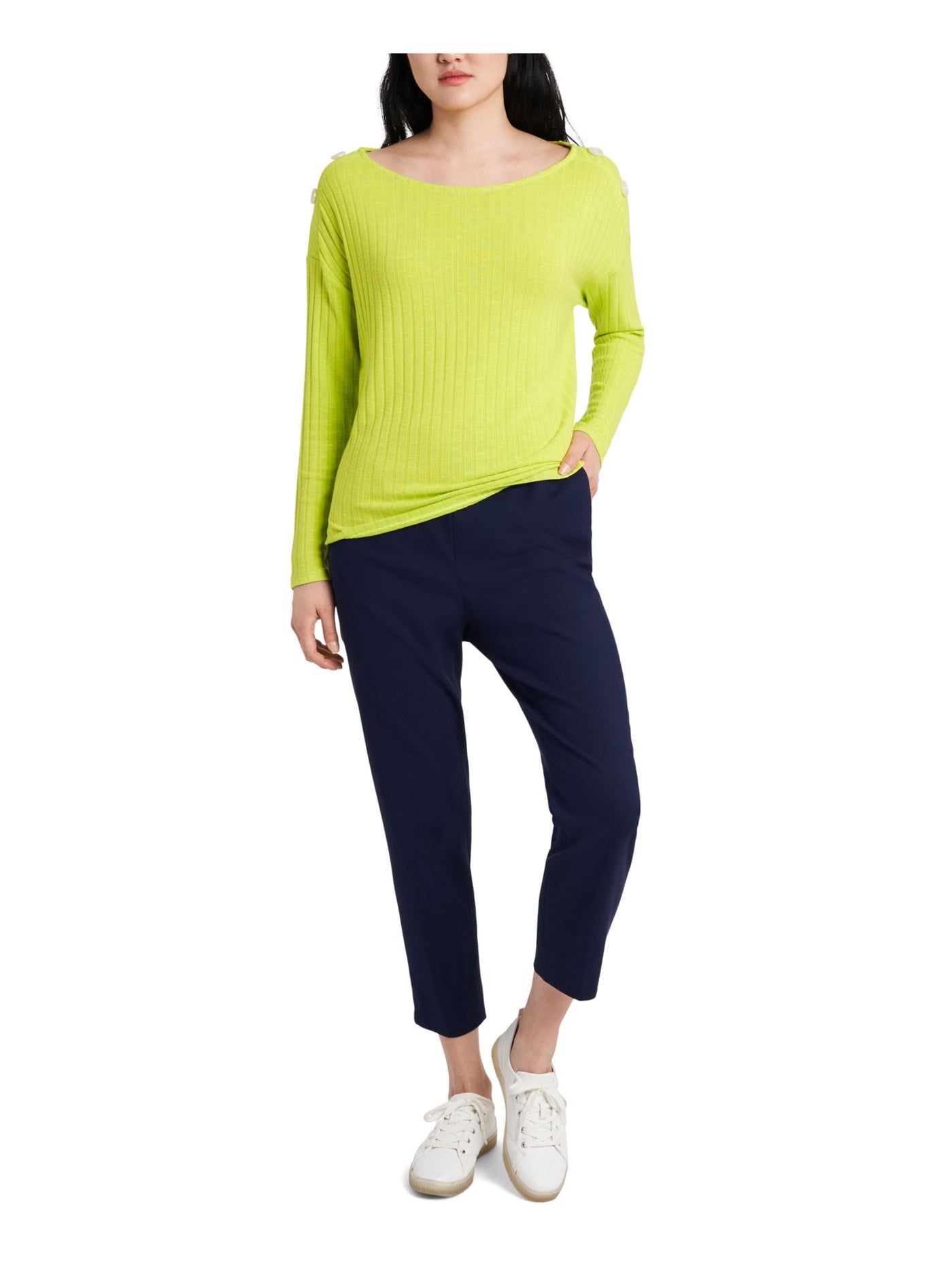 RILEY&RAE Womens Green Neon Lime Button-detail Long Sleeve Scoop Neck Top XS