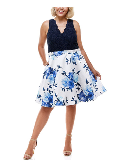CITY STUDIO Womens Navy Lace Glitter Scalloped Pocketed Zippered Sleeveless V Neck Above The Knee Party Fit + Flare Dress Plus 24W