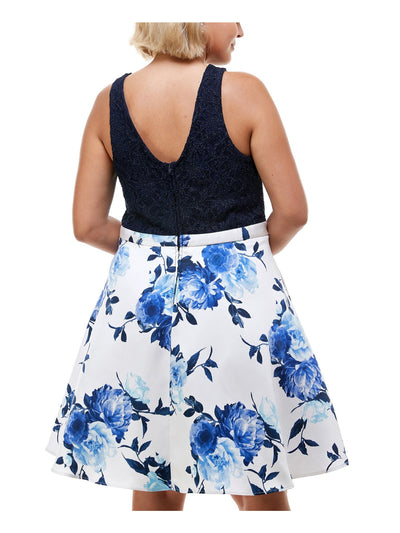 CITY STUDIO Womens Navy Lace Glitter Scalloped Pocketed Zippered Sleeveless V Neck Above The Knee Party Fit + Flare Dress Plus 24W