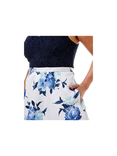 CITY STUDIO Womens Navy Lace Glitter Scalloped Pocketed Zippered Sleeveless V Neck Above The Knee Party Fit + Flare Dress Plus 24W