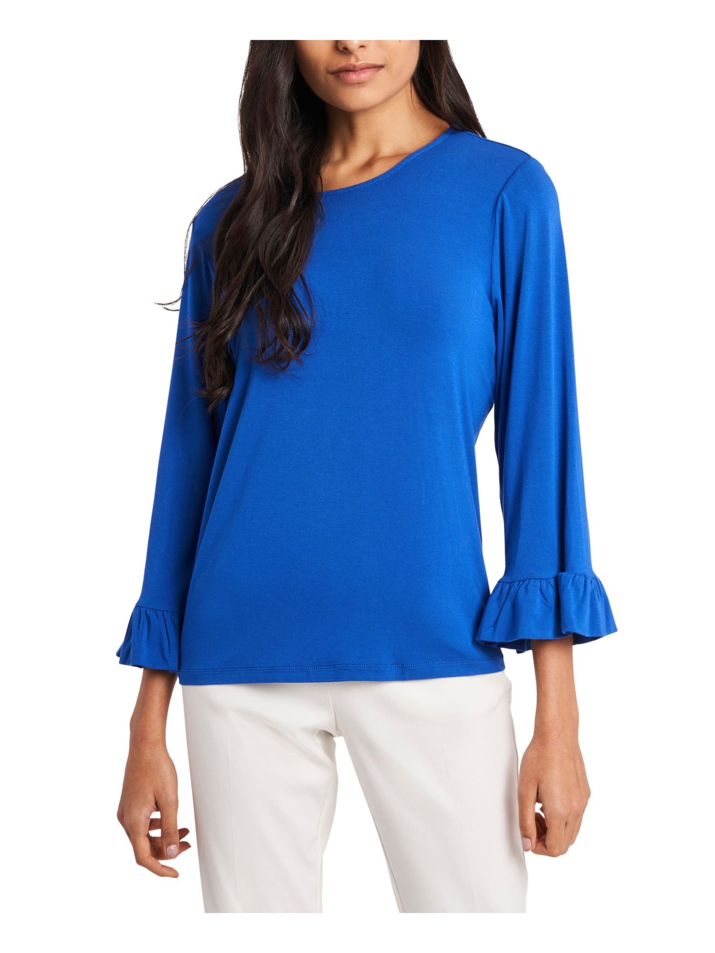 RILEY&RAE Womens Blue Stretch Ruffled 3/4 Sleeve Jewel Neck Top XS