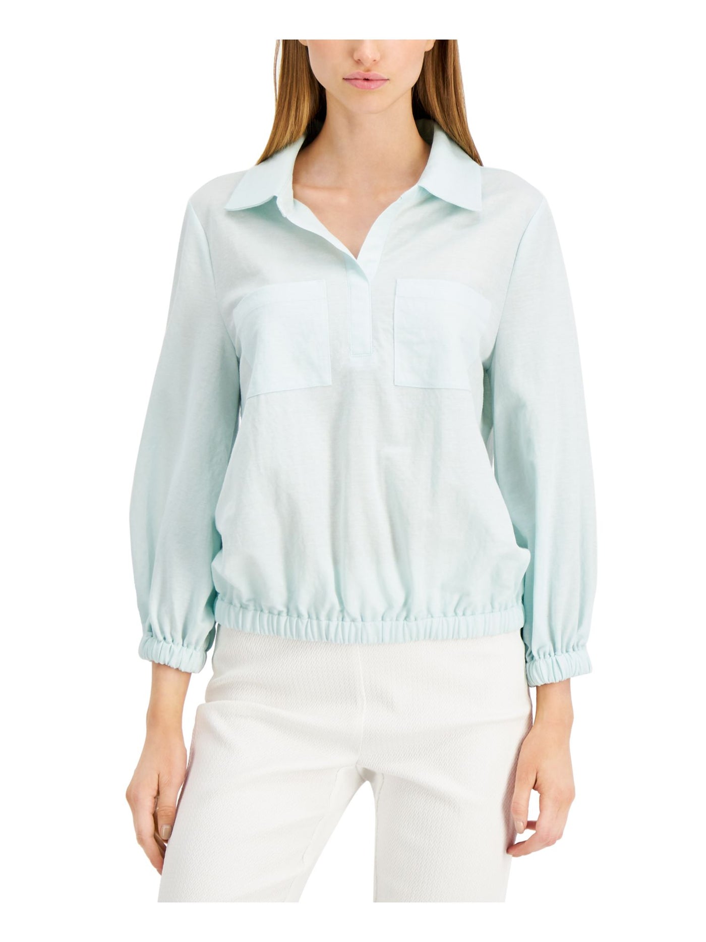 ALFANI Womens Aqua Pleated Sleeve Dolman Sleeve Collared Top Size: XXL