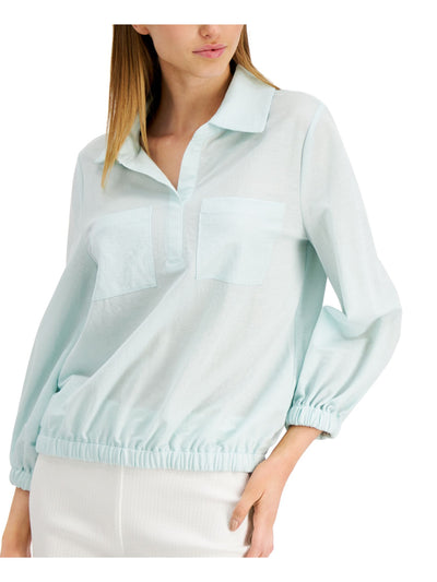 ALFANI Womens Pleated Sleeve Dolman Sleeve Collared Top