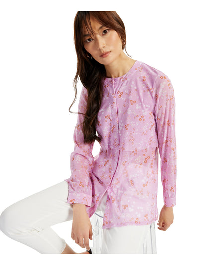 ALFANI Womens Purple Sheer Floral Long Sleeve Crew Neck Button Up Top L