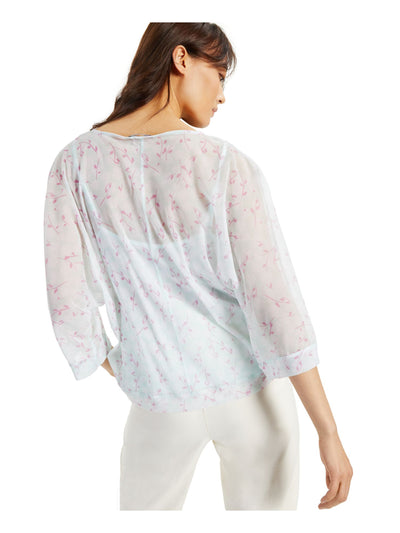 ALFANI Womens Light Blue Sheer Floral 3/4 Sleeve Boat Neck Top Size: L