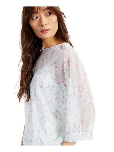 ALFANI Womens Light Blue Sheer Floral 3/4 Sleeve Boat Neck Top Size: L