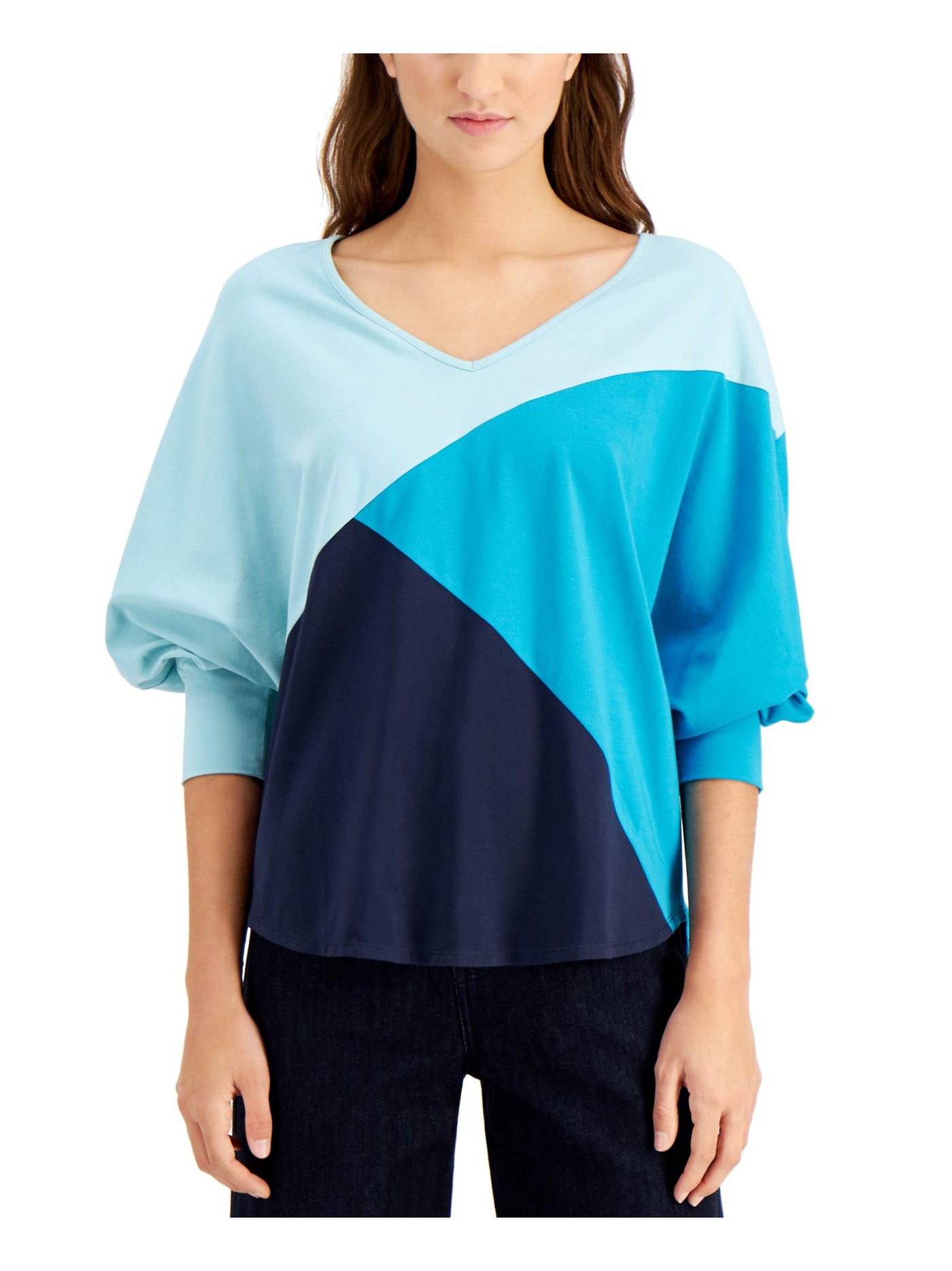 WILLOW DRIVE Womens Blue Color Block Dolman Sleeve V Neck Top M