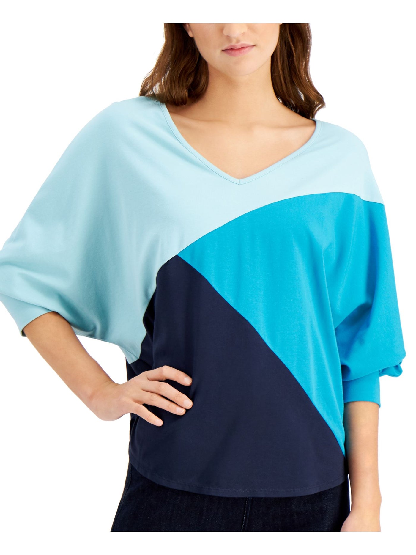 WILLOW DRIVE Womens Blue Color Block Dolman Sleeve V Neck Top M