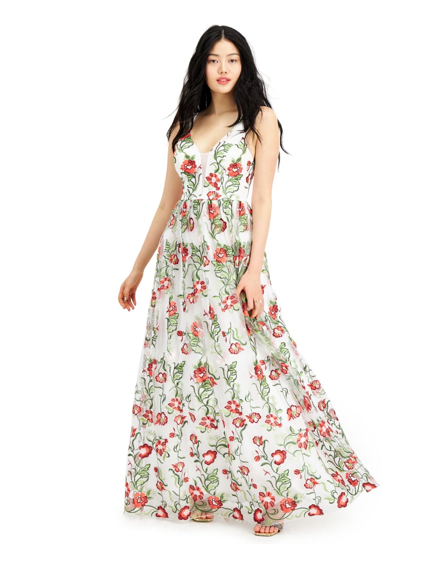 CITY STUDIO Womens Ivory Embroidered Zippered Gown Floral Sleeveless V Neck Full-Length Dress 5