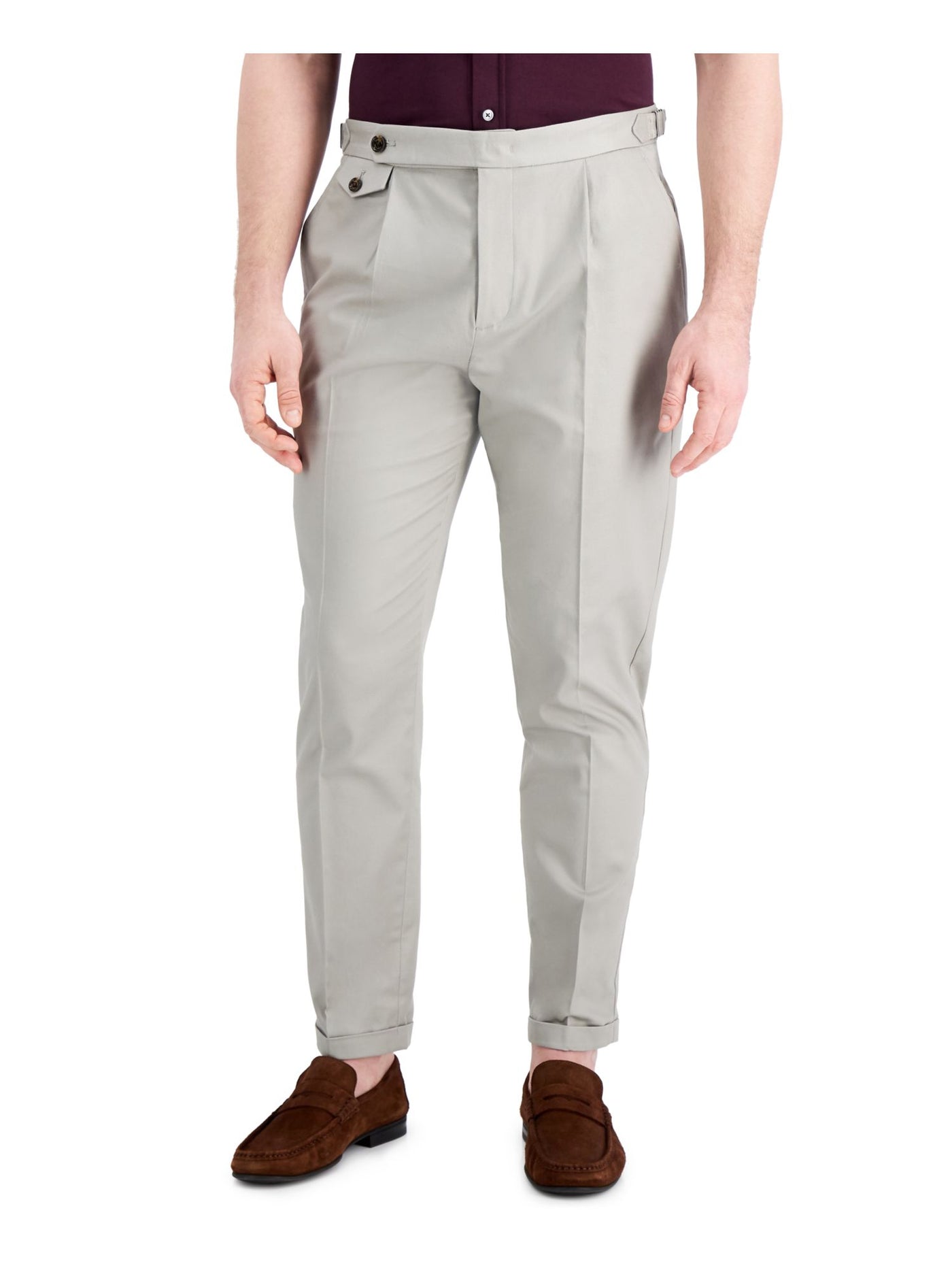 TASSO ELBA Mens Fashion Gray Pleated Tapered Classic Fit Stretch Pants 34W/ 30L