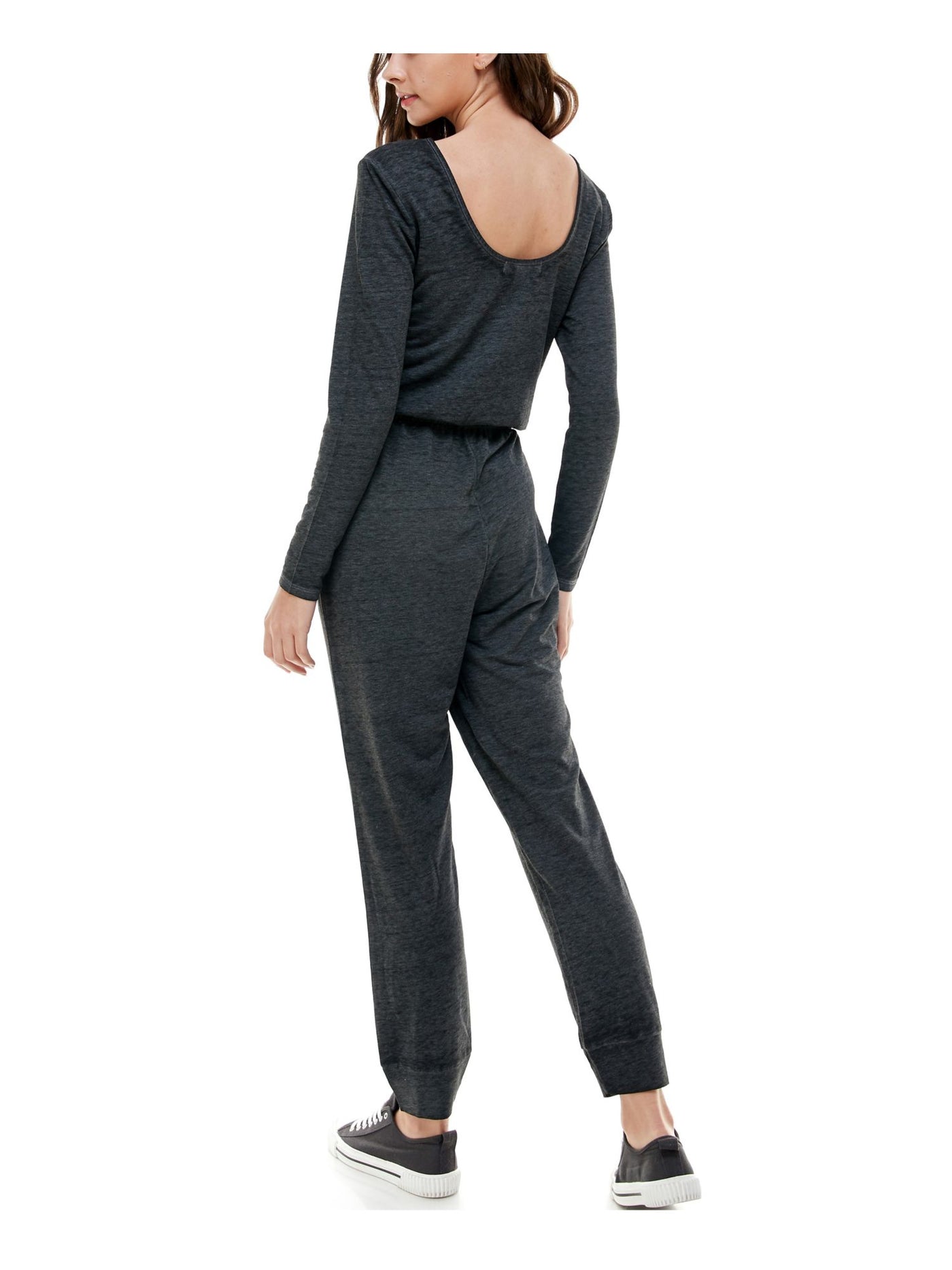 PLANET GOLD Womens Gray Long Sleeve Jewel Neck Cuffed Jumpsuit S