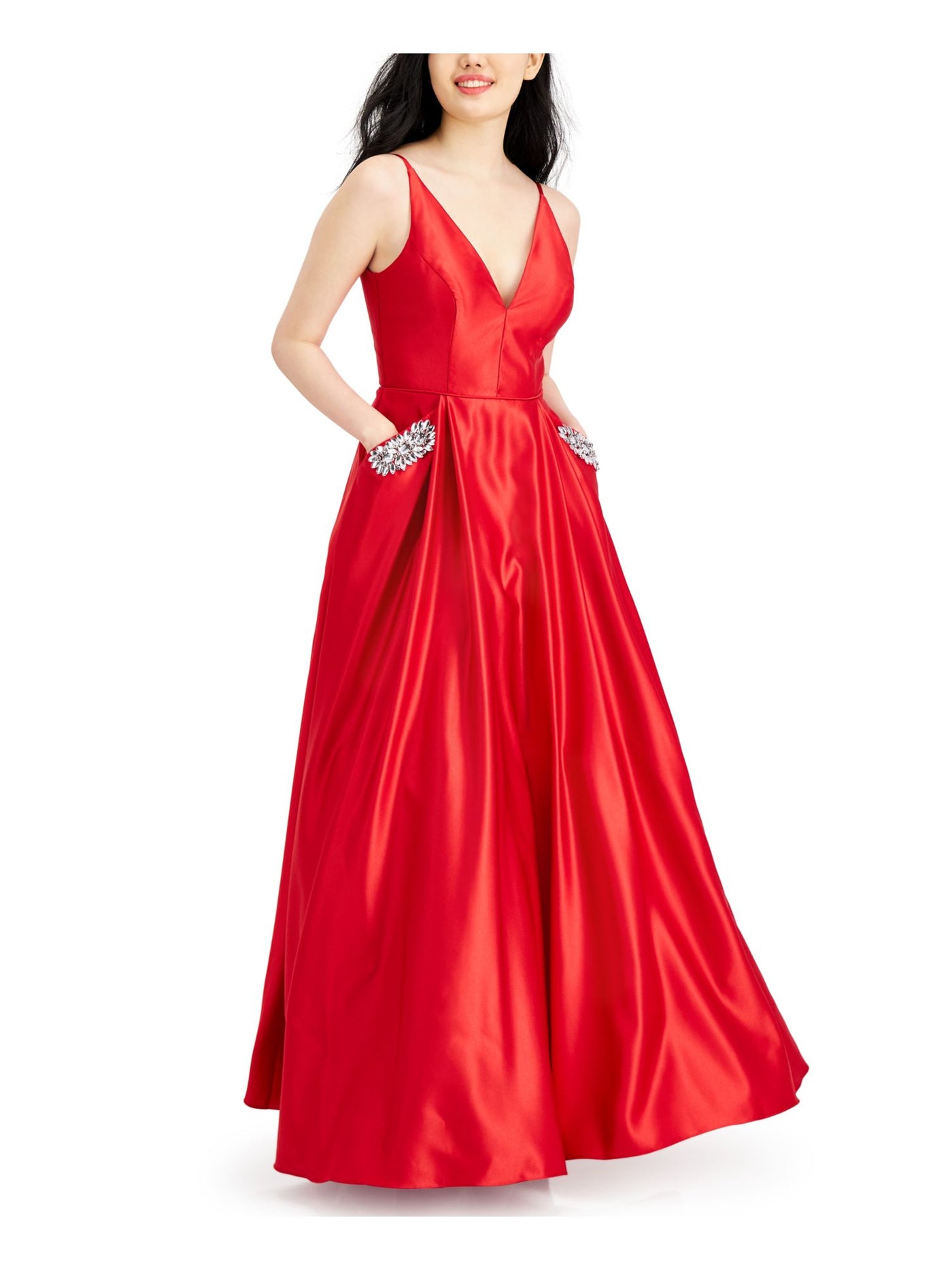 BLONDIE NITES Womens Red Embellished Zippered Pocket Gown Spaghetti Strap V Neck Full-Length Formal Dress Juniors 3