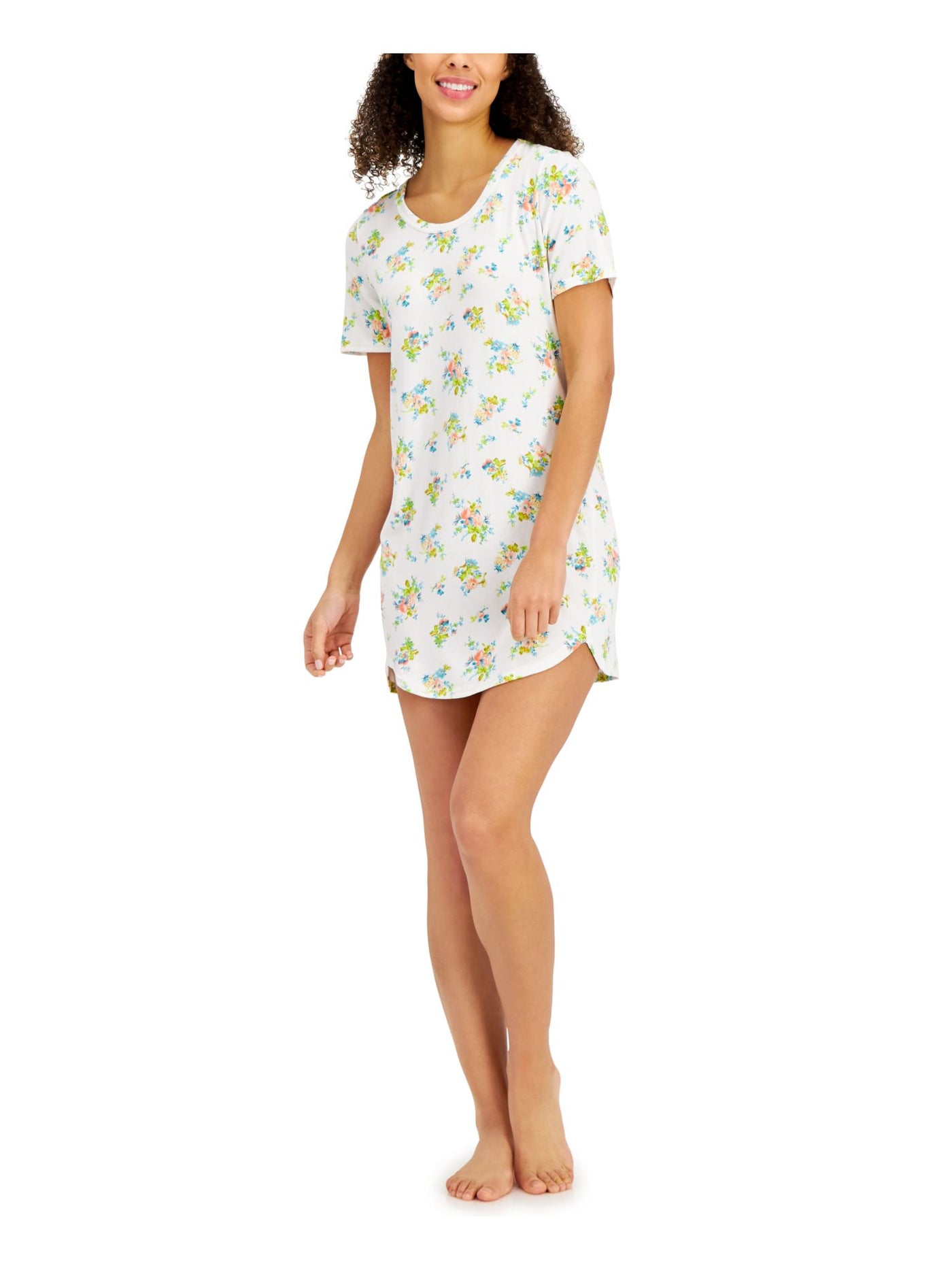 JENNI Intimates White Curved Hem Floral Sleep Shirt Pajama Top XS