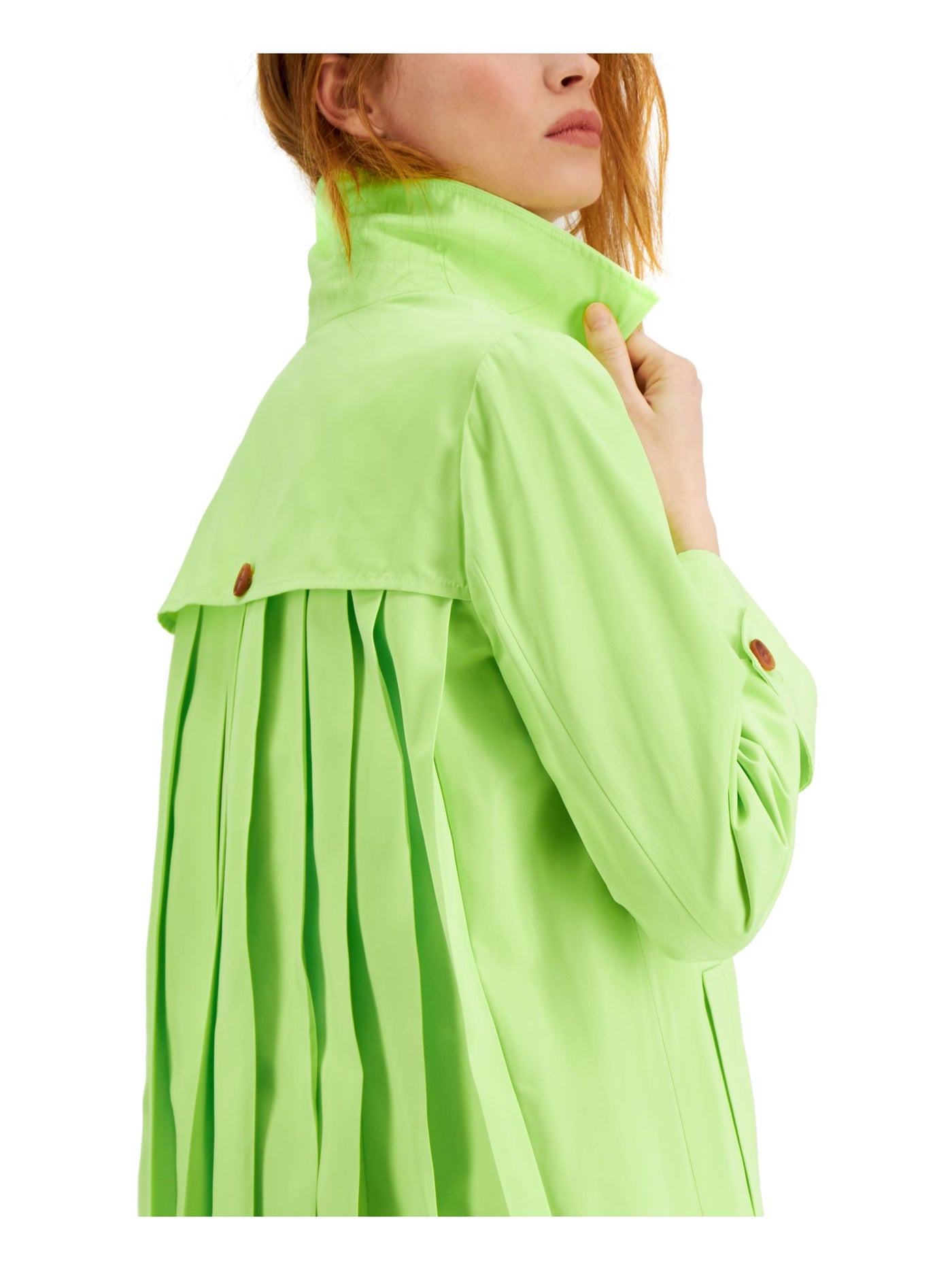 ALFANI Womens Green Pleated Button Up Trench Coat S