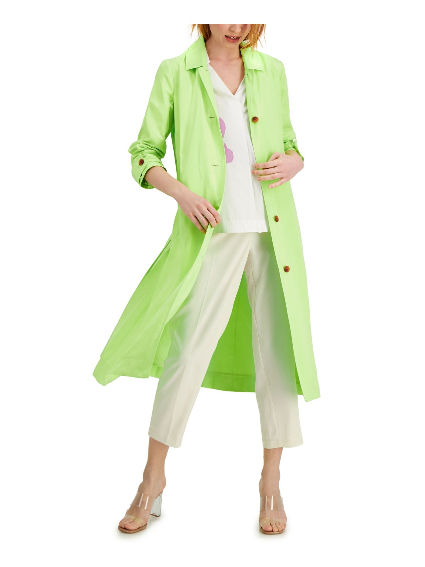 ALFANI Womens Green Pleated Button Up Trench Coat L
