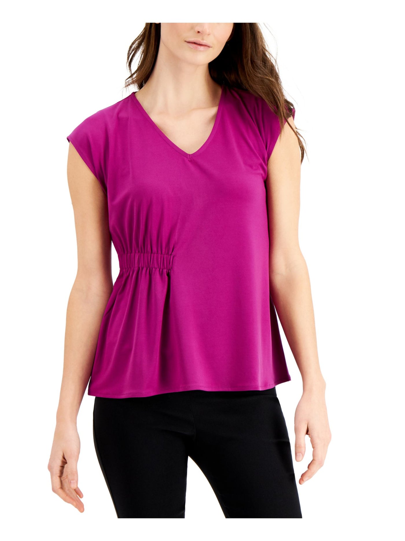 ALFANI Womens Purple Ruched Cap Sleeve V Neck Top L