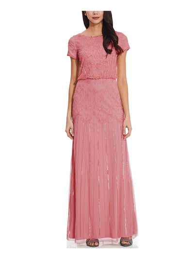 ADRIANNA PAPELL Womens Pink Beaded Zippered Mesh Gown Short Sleeve Round Neck Full-Length Formal Blouson Dress 14