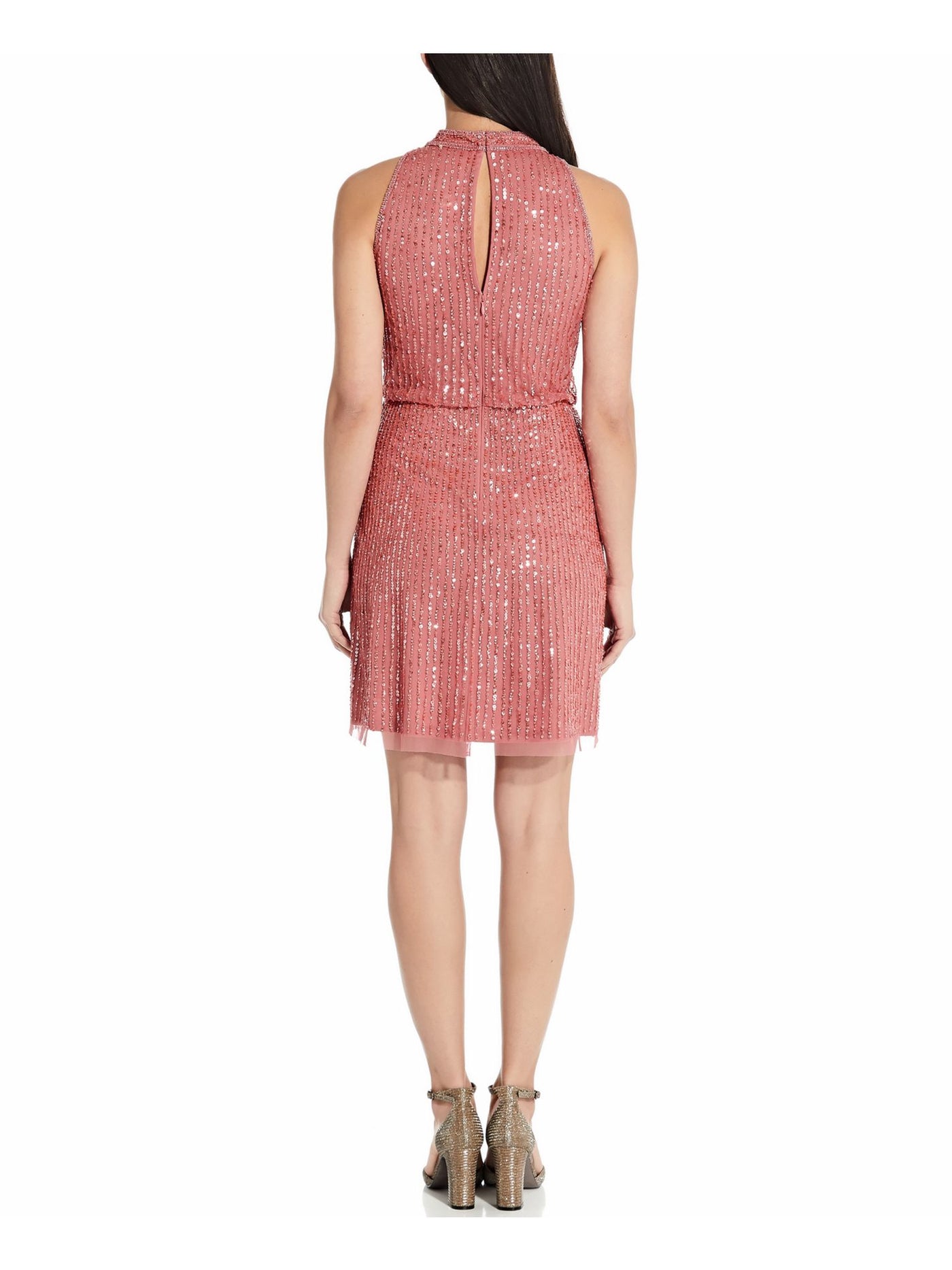 ADRIANNA PAPELL Womens Coral Embellished Beaded Zippered, Sheer Pinstripe Sleeveless Mock Neck Short Party Blouson Dress 0