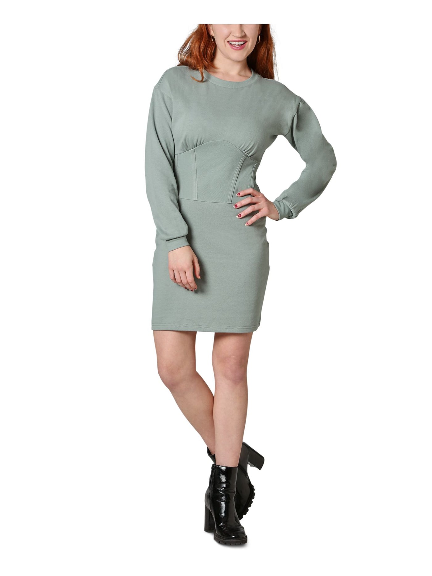 NO COMMENT Womens Green Long Sleeve Crew Neck Short Party Sheath Dress XL