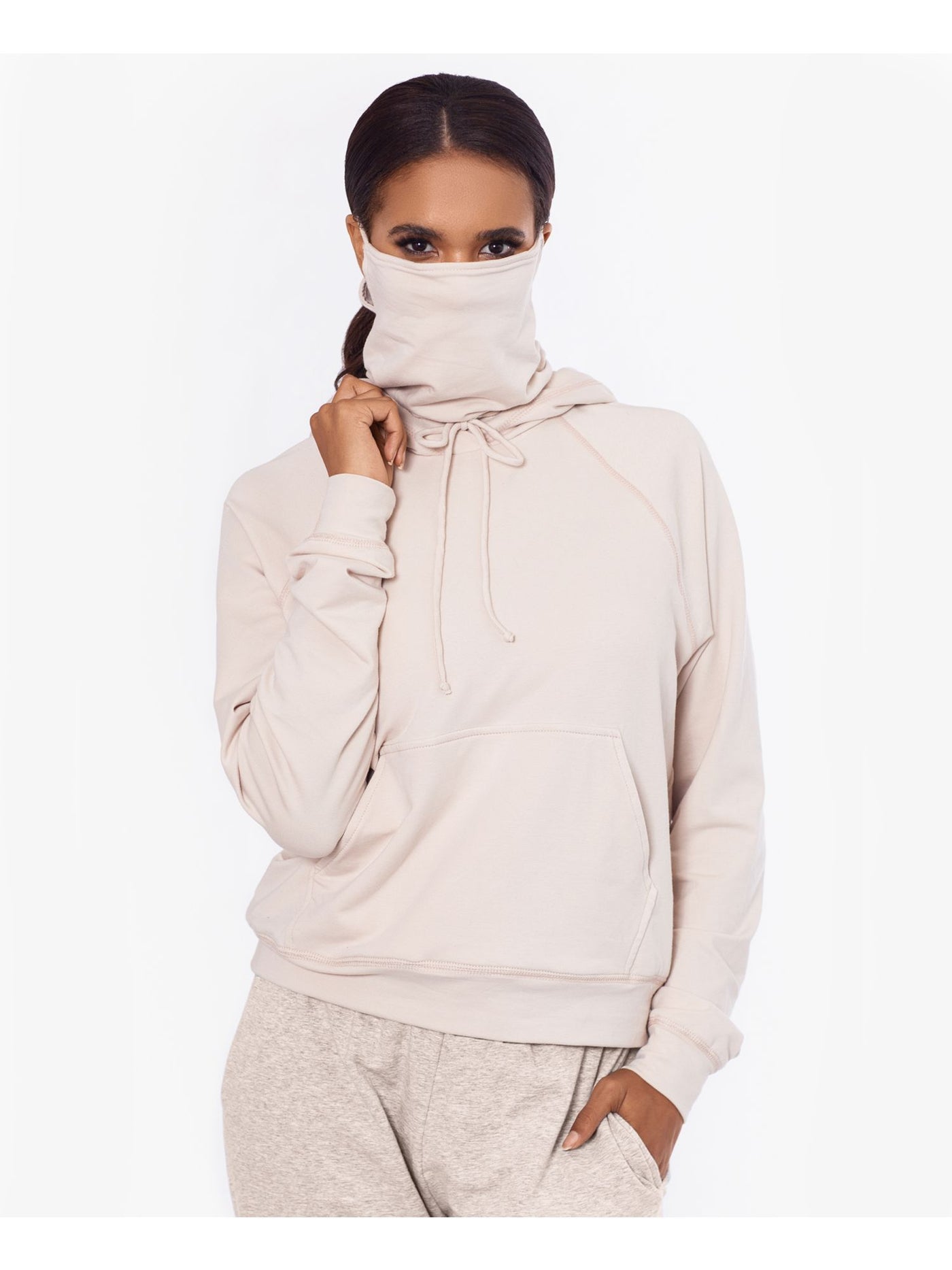 BAM BY BETSY & ADAM Womens Beige Stretch Tie Built-in Mask, Relaxed Fit Long Sleeve Hoodie Top L