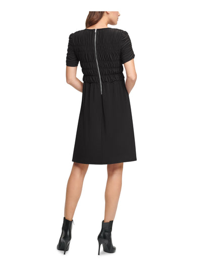 DKNY Womens Black Ruched Gathered Zippered Short Sleeve Jewel Neck Above The Knee Fit + Flare Dress XS