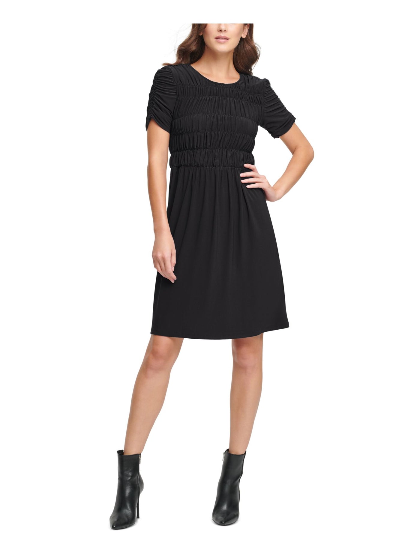 DKNY Womens Black Ruched Gathered Zippered Short Sleeve Jewel Neck Above The Knee Fit + Flare Dress XS