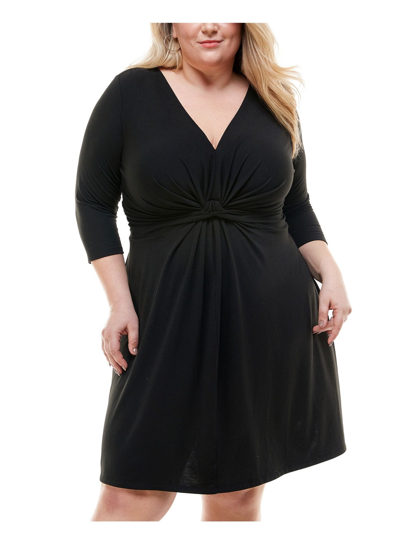 KINGSTON GREY Womens Black 3/4 Sleeve V Neck Above The Knee Party Fit + Flare Dress Plus 1X