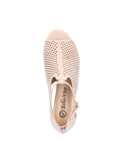 BELLA VITA Womens Beige Perforated Padded Buckle Accent Amara Round Toe Block Heel Zip-Up Dress Sandals Shoes 8.5 M