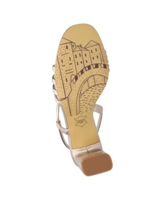 BELLA VITA Womens Gold Elastic Goring Asymmetrical Cushioned Strappy Zariah Round Toe Block Heel Slip On Leather Slingback Sandal W