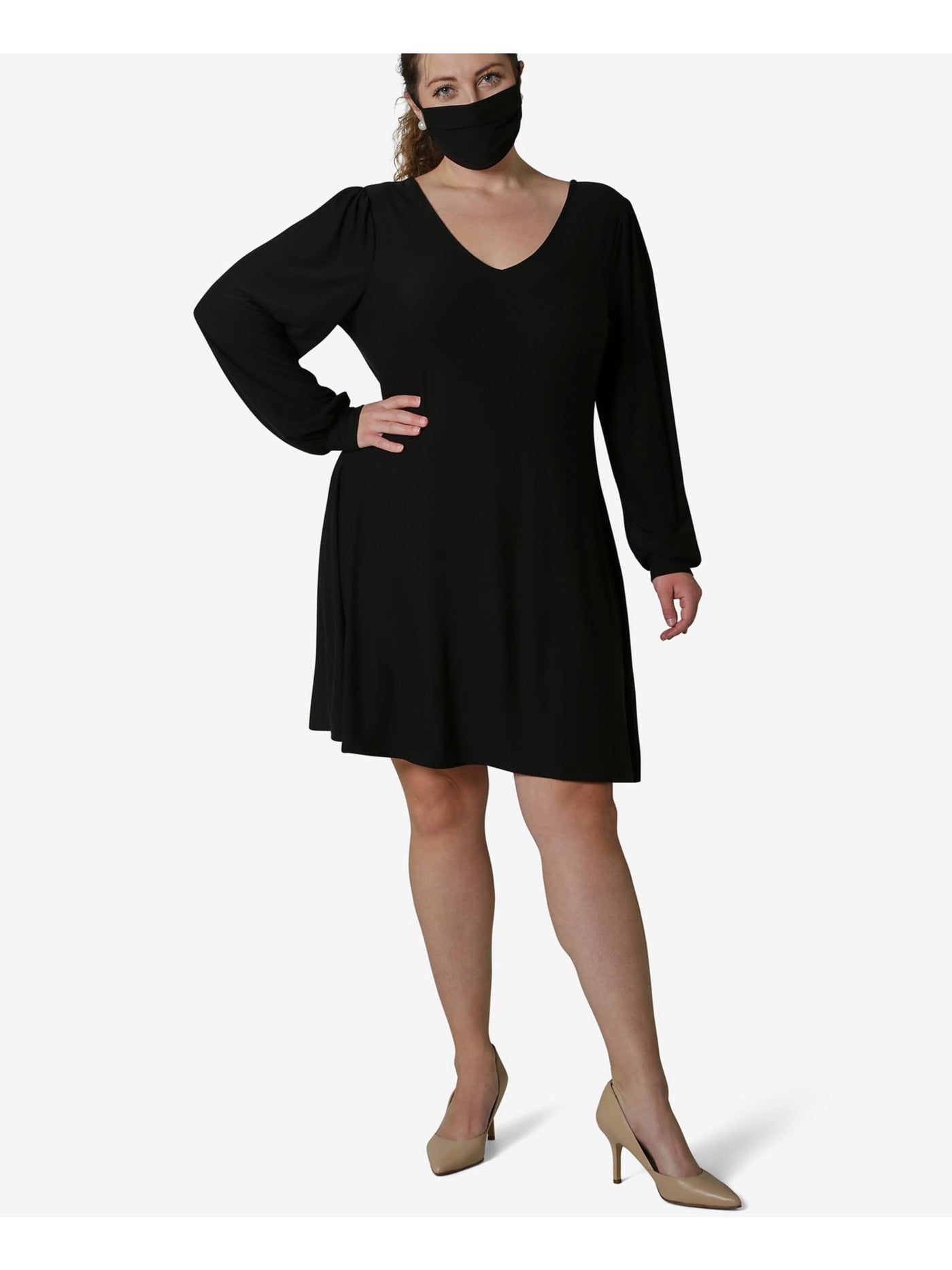 ULTRA FLIRT Womens Black Floral Long Sleeve V Neck Knee Length Trapeze Dress Plus 1X