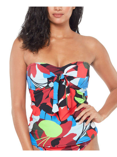 BAR III Women's Red Printed Knot Front Non-Removable Cups Bandeau Tankini Swimsuit Top XS