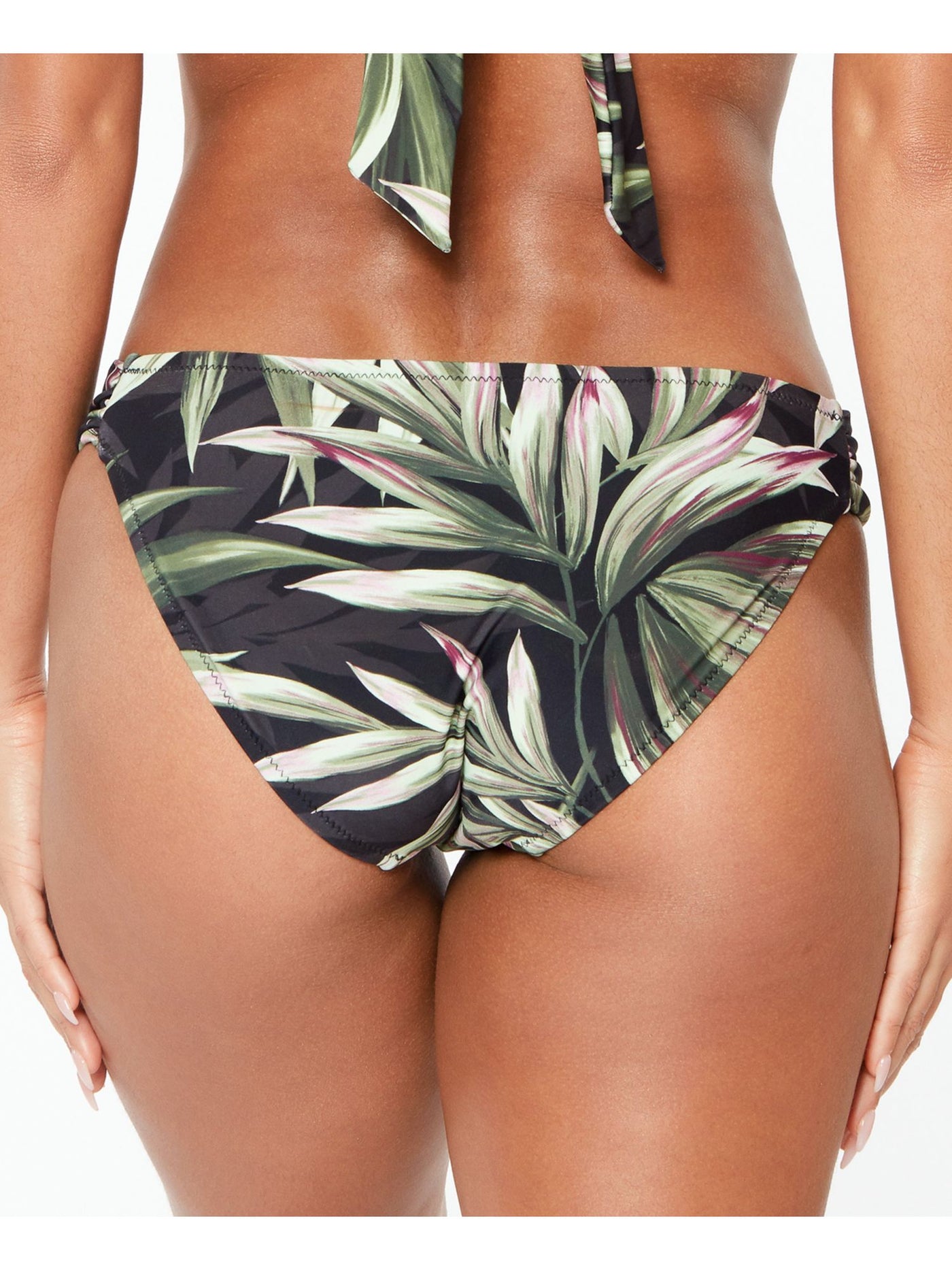 BAR III Women's Black Tropical Print Stretch Side Tab Sits At Hips Full Coverage Shirred Hipster Swimsuit Bottom XS