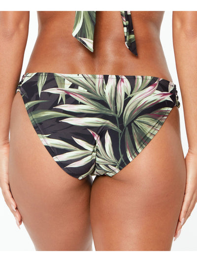 BAR III Women's Black Tropical Print Stretch Side Tab Sits At Hips Full Coverage Shirred Hipster Swimsuit Bottom S