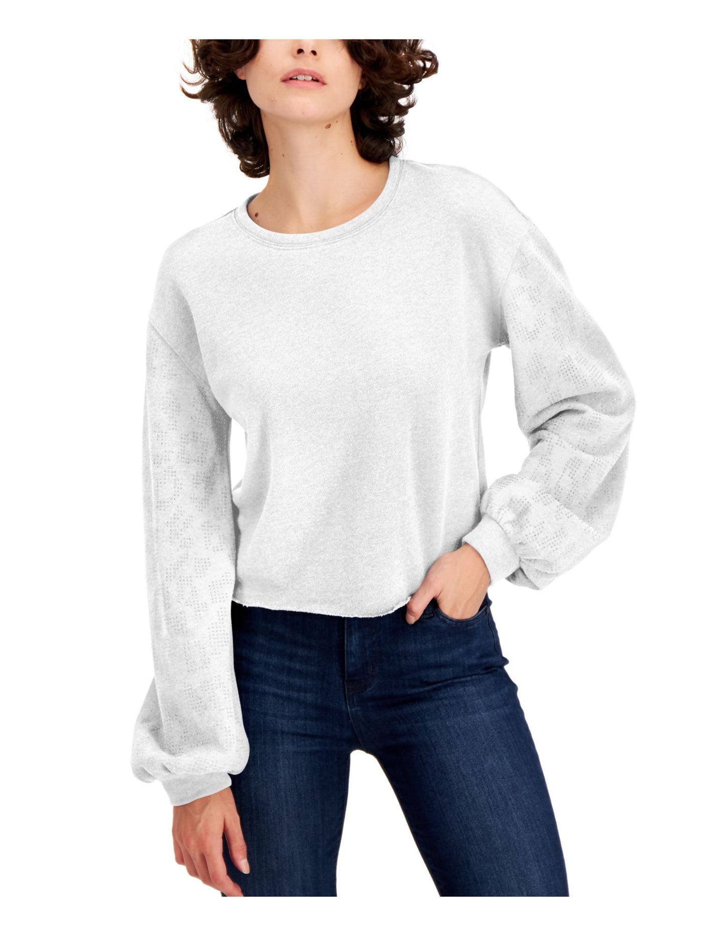 INC Womens Gray Embellished Heather Long Sleeve Jewel Neck Sweater XS