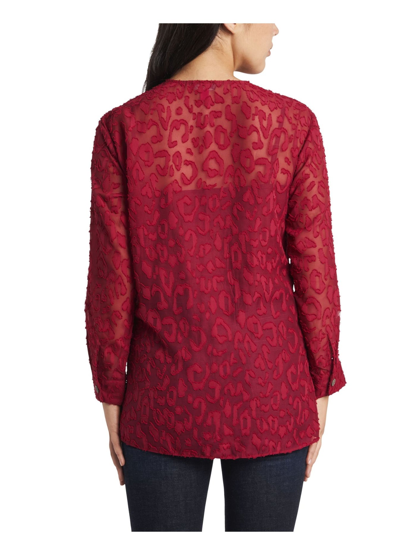 VINCE CAMUTO Womens Red Unlined Sheer Long Sleeve V Neck Tunic Top S