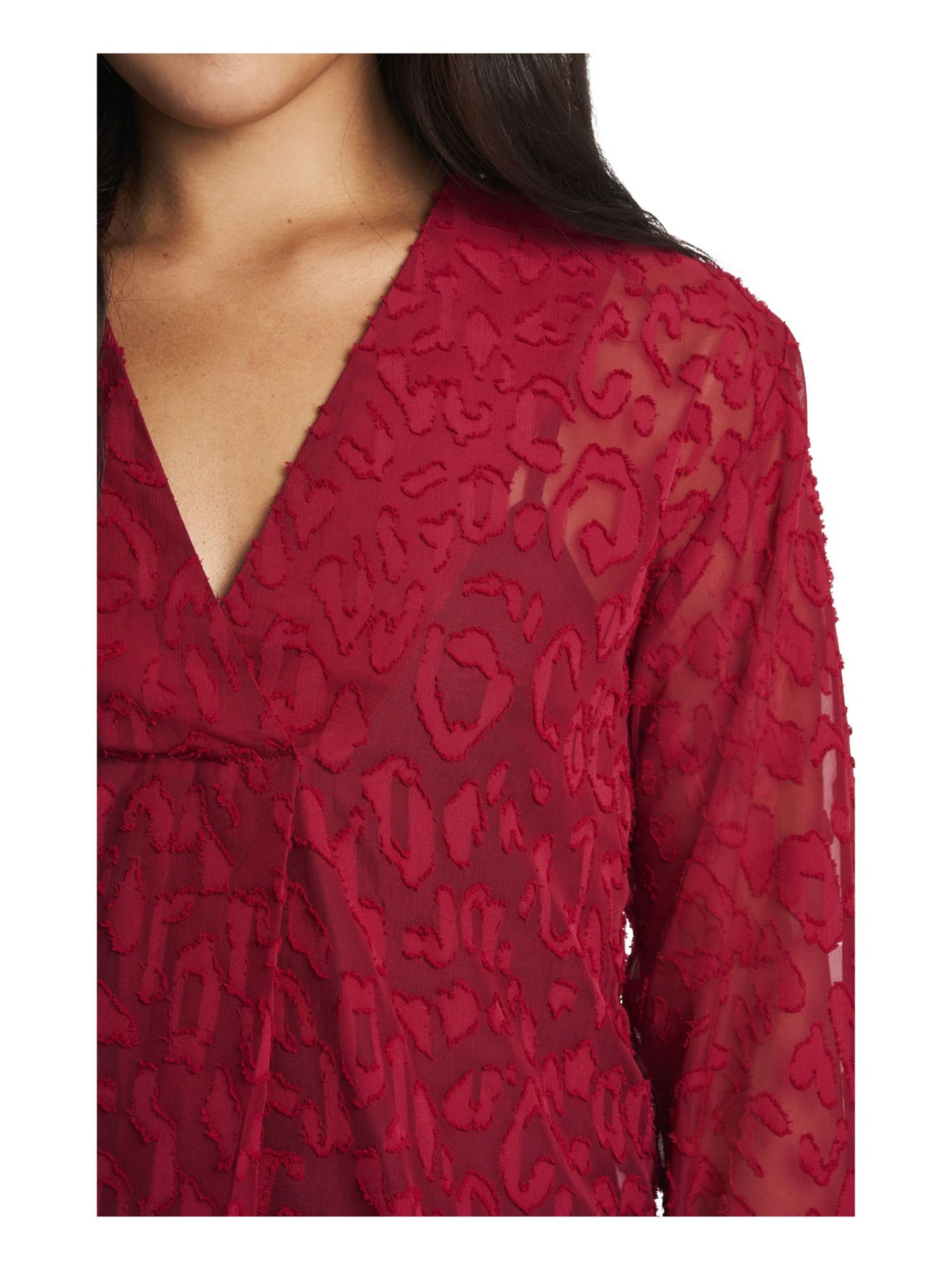 VINCE CAMUTO Womens Red Unlined Sheer Long Sleeve V Neck Tunic Top S