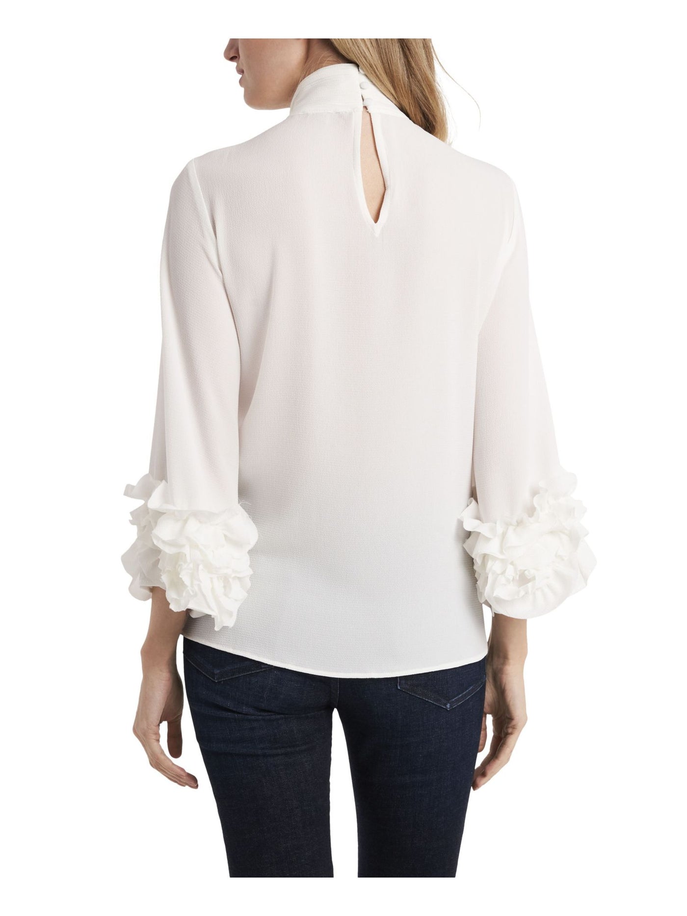 VINCE CAMUTO Womens White Ruffled 3/4 Sleeve Mock Neck Wear To Work Top XS