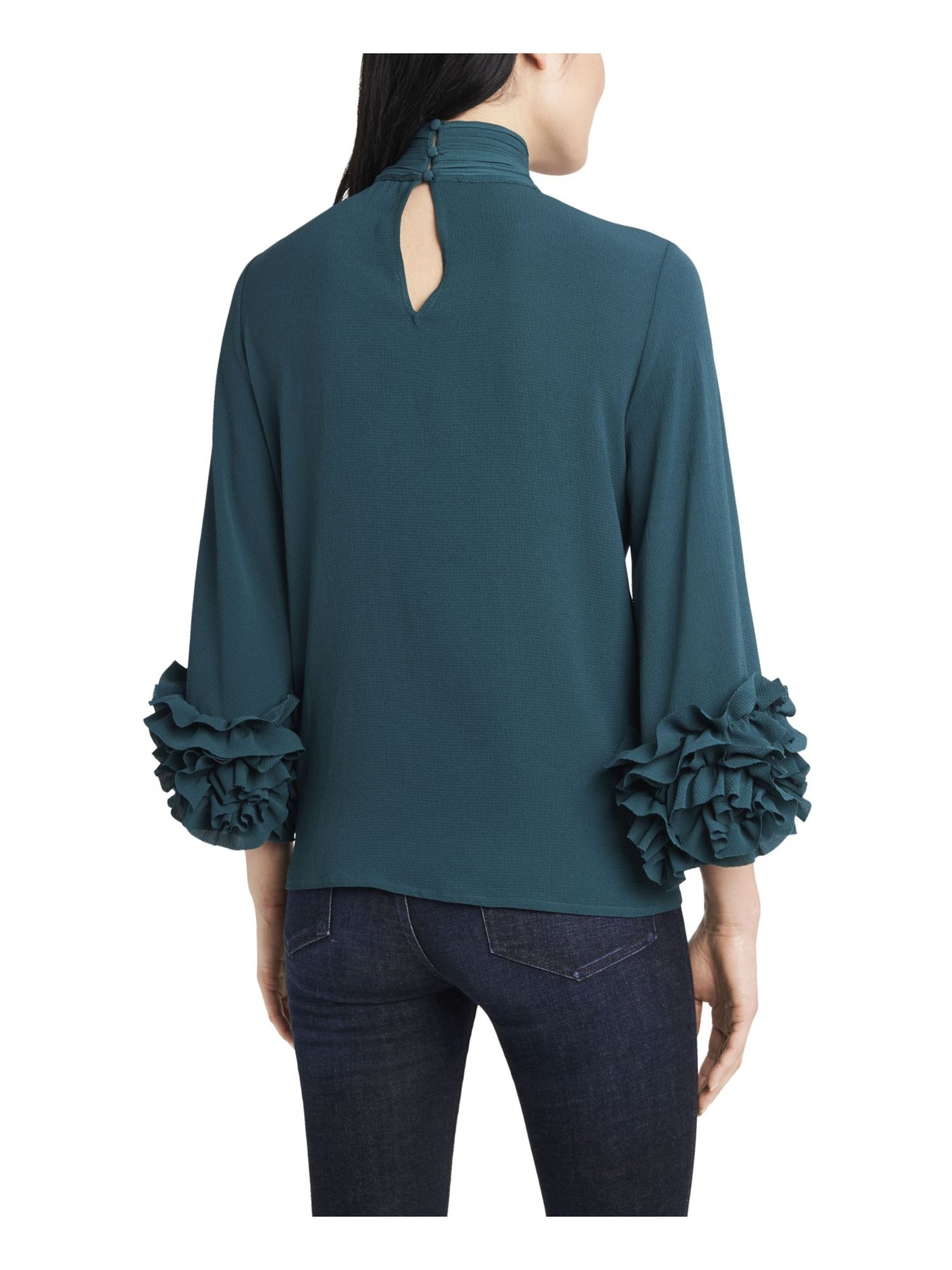 VINCE CAMUTO Womens Green Ruffled Gathered Keyhole Back 3/4 Sleeve Mock Neck Wear To Work Top M