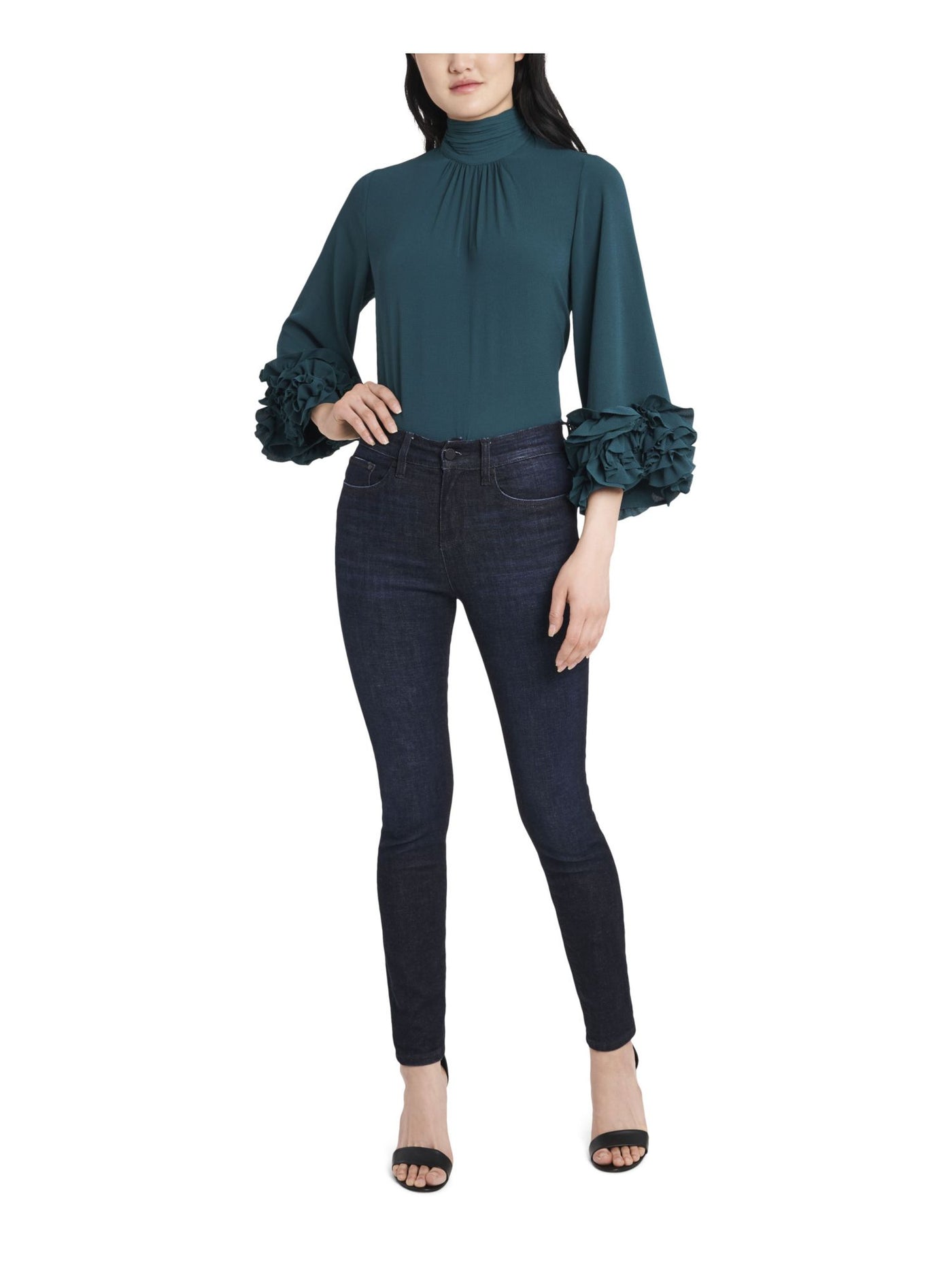 VINCE CAMUTO Womens Teal Ruffled Gathered Keyhole Back 3/4 Sleeve Mock Neck Wear To Work Top XS