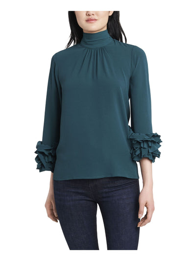 VINCE CAMUTO Womens Teal Ruffled Gathered Keyhole Back 3/4 Sleeve Mock Neck Wear To Work Top XS