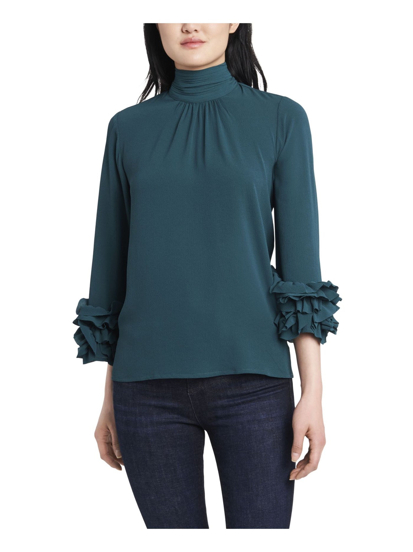 VINCE CAMUTO Womens Green Ruffled Gathered Keyhole Back 3/4 Sleeve Mock Neck Wear To Work Top XL