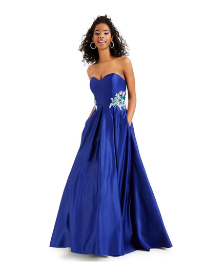 BLONDIE NITES Womens Blue Embellished Crinoline Lining Sweetheart Neckline Full-Length Formal Fit + Flare Dress 3