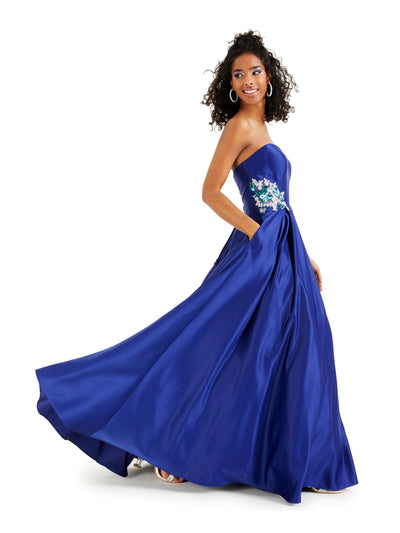 BLONDIE Womens Blue Embellished Crinoline Lining Spaghetti Strap Sweetheart Neckline Full-Length Formal Fit + Flare Dress Juniors 7