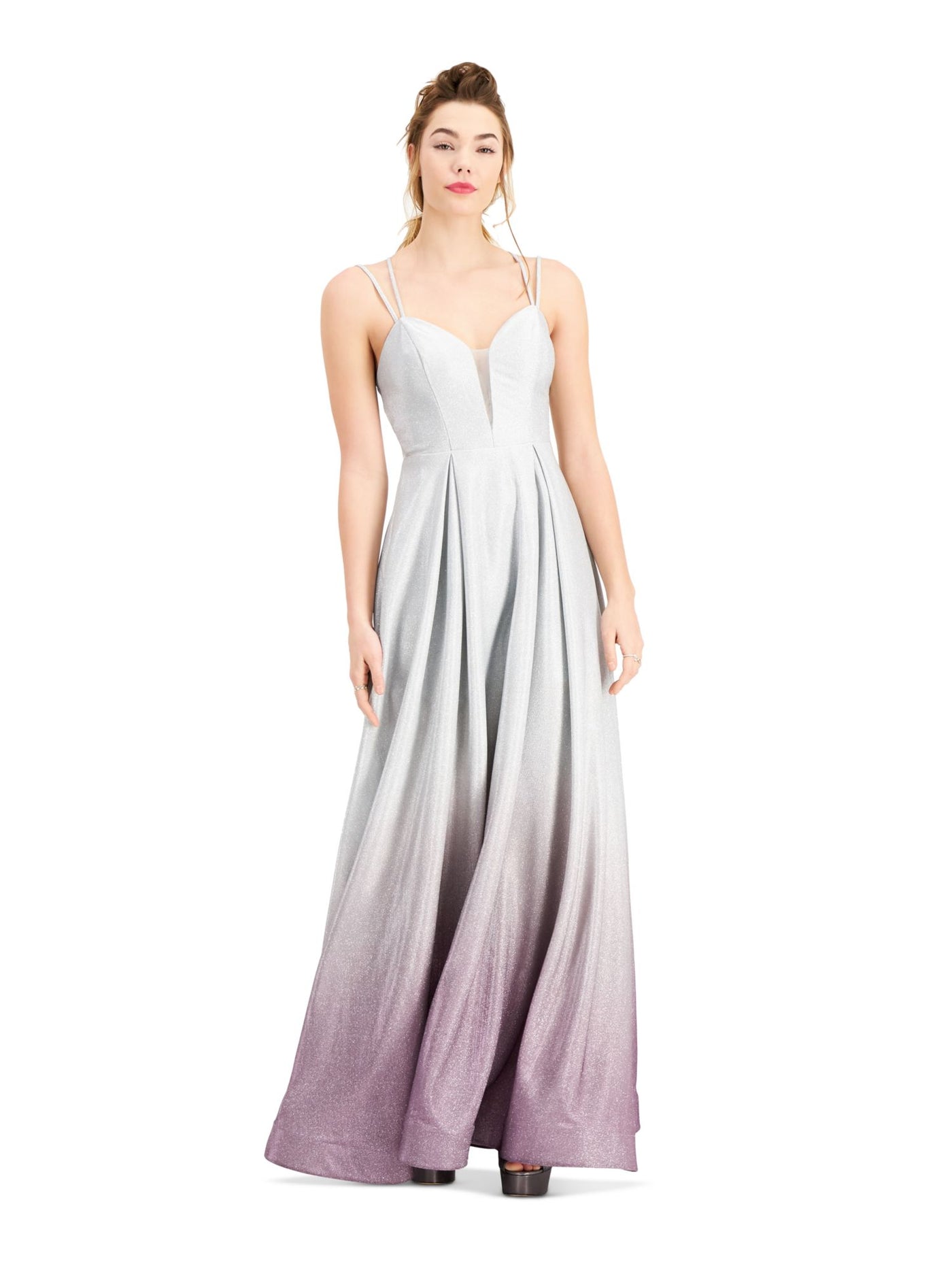 B DARLIN Womens Silver Glitter Ombre Spaghetti Strap Sweetheart Neckline Full-Length  Fit + Flare Prom Dress Juniors 5\6