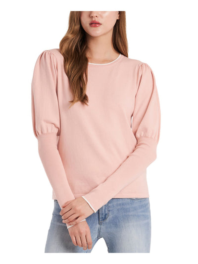 RILEY&RAE Womens Pink Stretch Pleated Ribbed Pouf Sleeve Jewel Neck Sweater S