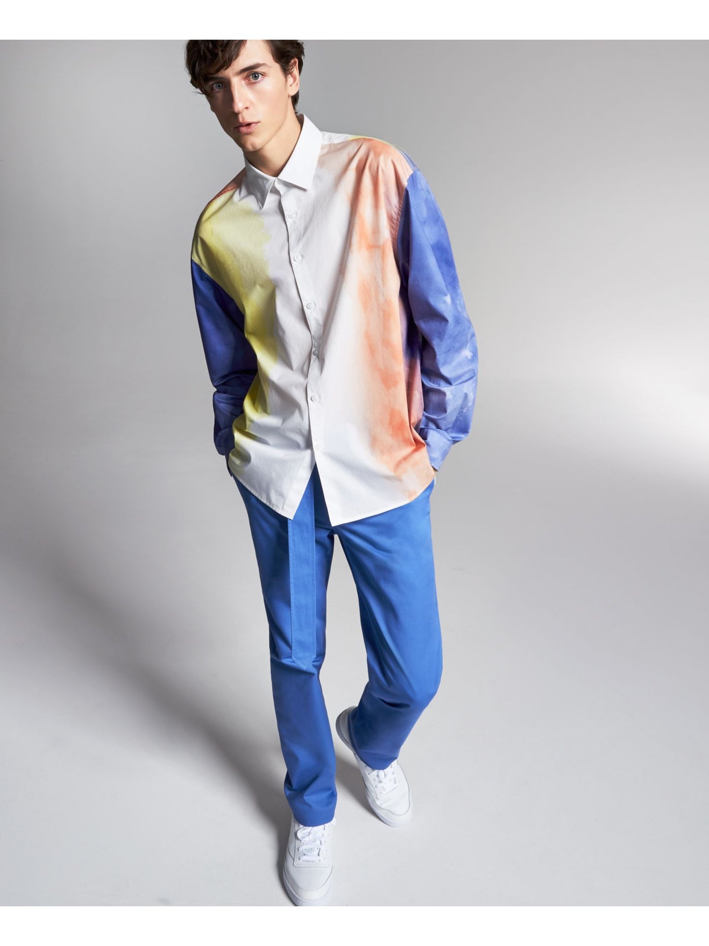 INC Mens Allen Onyia Blue Tie Dye Long Sleeve Point Collar Oversized Fit Button Down Shirt XL